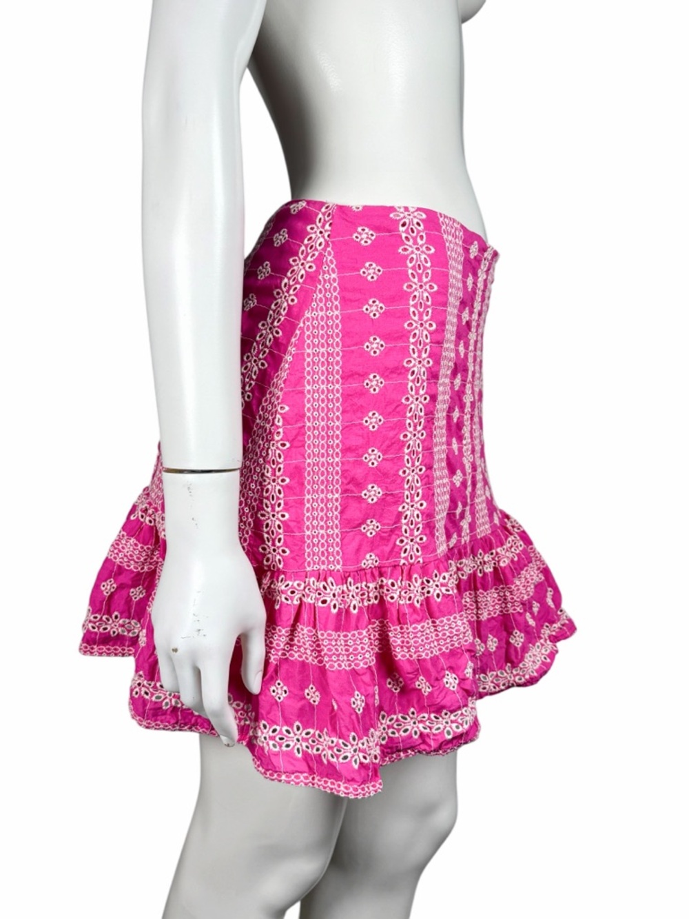 Le Lis Pink Eyelet Embroidered Ruffle Mini Skirt Cotton Boho Coquette Size M - Picture 6 of 8